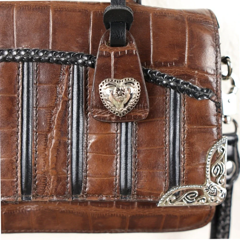 Mark Chantal Y2K 90s Dark Brown Croc Embossed Handbag Heart Charm Clutch Crssbdy